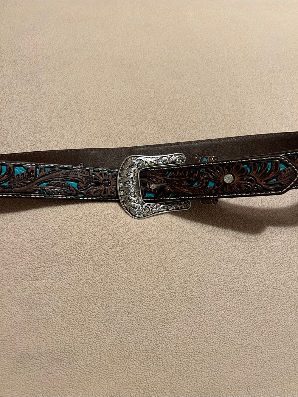Ariat Women’s Western Tooled Brown Leather Belt with Turquoise Accents L